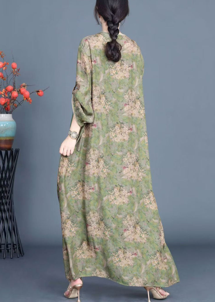 New Green Button Print Patchwork Silk Dresses Fall