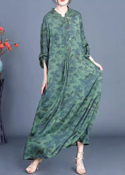 New Green Button Print Pockets Silk Long Dress Spring