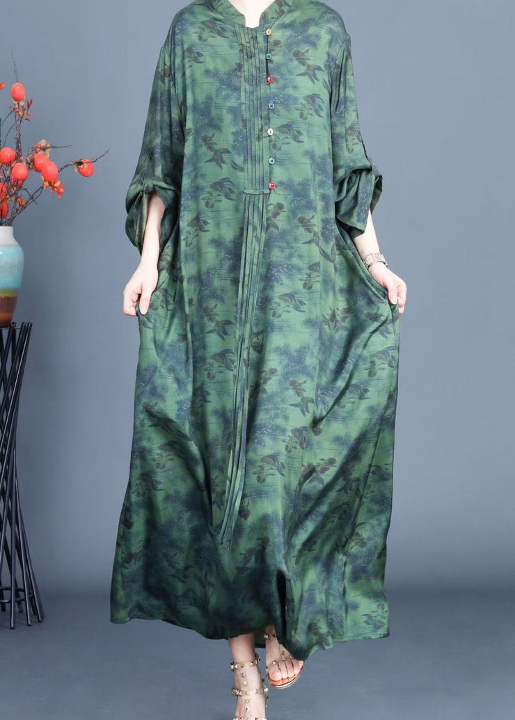 New Green Button Print Pockets Silk Long Dress Spring