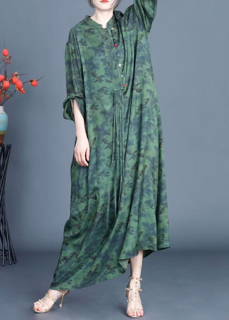 New Green Button Print Pockets Silk Long Dress Spring