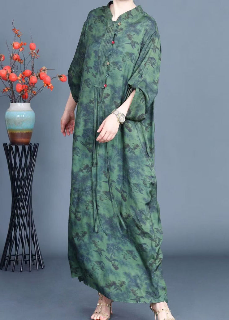 New Green Button Print Pockets Silk Long Dress Spring