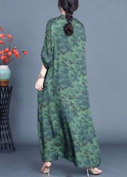 New Green Button Print Pockets Silk Long Dress Spring