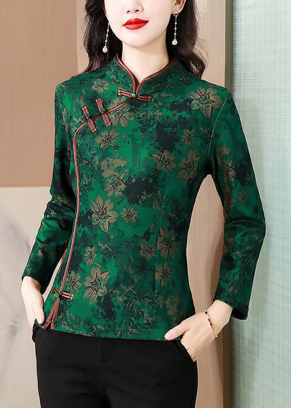 New Green Button Print Warm Fleece Shirts Long Sleeve