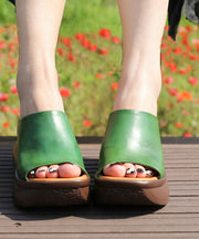 New Green Cowhide Leather Peep Toe Splicing Wedge Slide Sandals