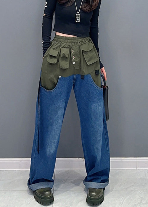 New Green Elastic Waist Patchwork Denim Pants Spring