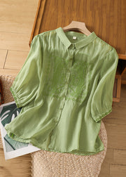 New Green Embroidered Button Linen Blouse Half Sleeve