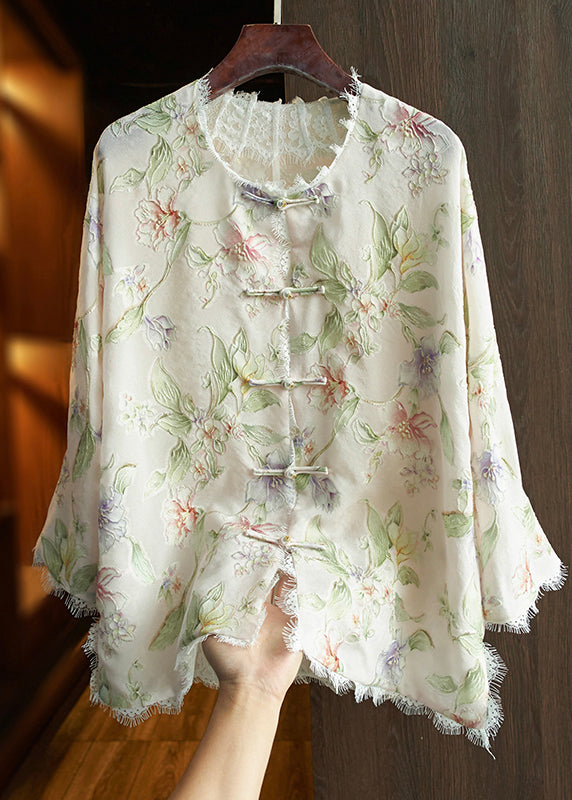 New Green Embroidered Oriental Button Silk Shirt Tops Spring