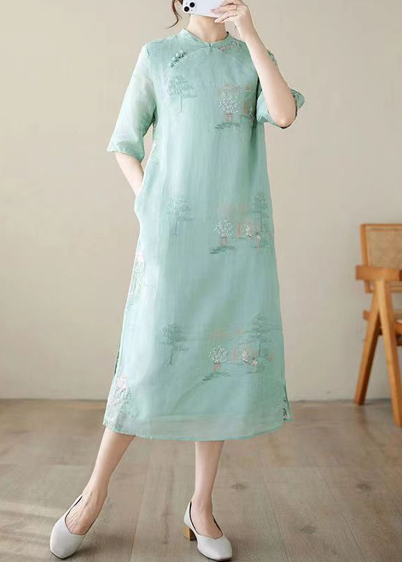 New Green Embroidered Side Open Cotton Dresses Half Sleeve