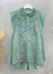New Green Embroidered Tops And Shorts Cotton Sets 2 Pieces Sleeveless