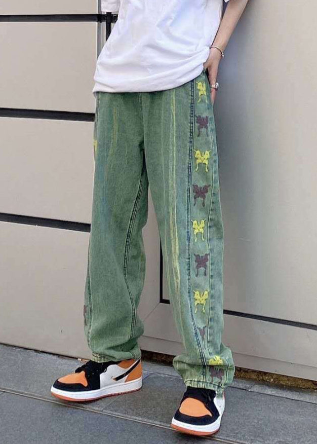 New Green Embroideried High Waist Denim Men Pants Fall