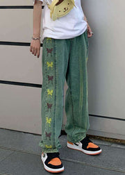 New Green Embroideried High Waist Denim Men Pants Fall