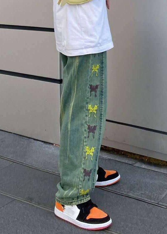 New Green Embroideried High Waist Denim Men Pants Fall