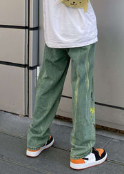 New Green Embroideried High Waist Denim Men Pants Fall