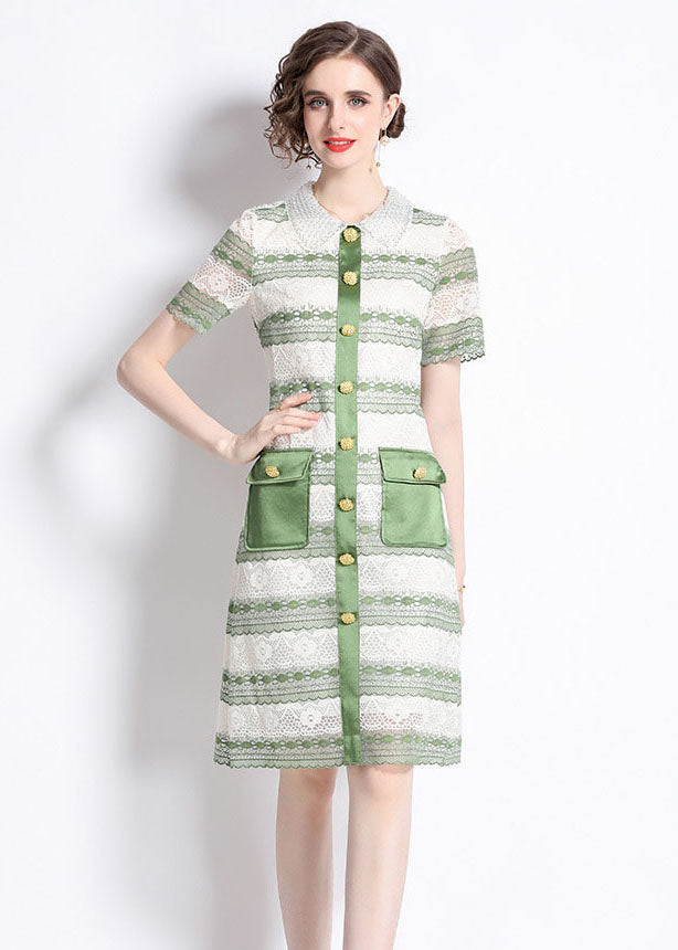 New Green Hollow Out Embroidered Patchwork Lace Mid Dress Summer