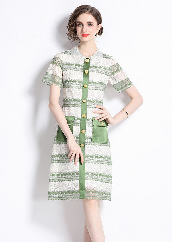 New Green Hollow Out Embroidered Patchwork Lace Mid Dress Summer