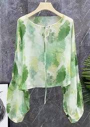 New Green Lace Up Print Chiffon Shirts Long Sleeve