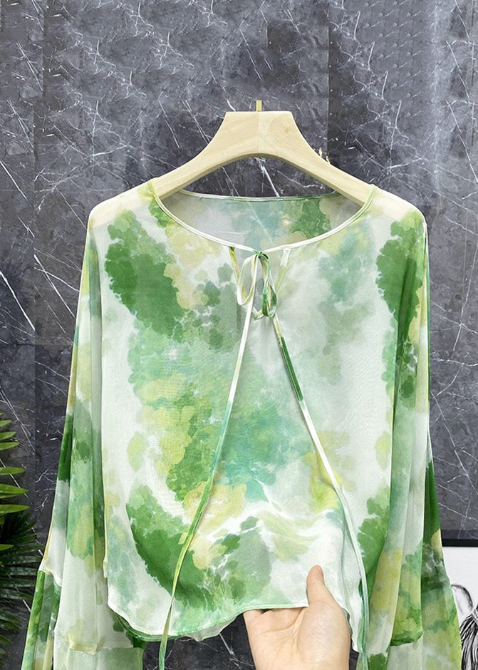 New Green Lace Up Print Chiffon Shirts Long Sleeve