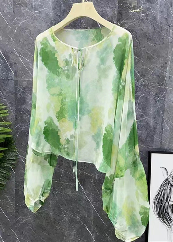 New Green Lace Up Print Chiffon Shirts Long Sleeve