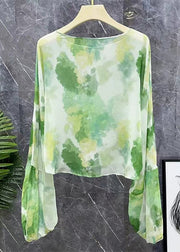 New Green Lace Up Print Chiffon Shirts Long Sleeve