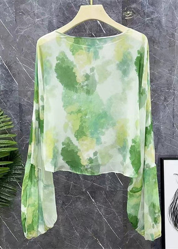 New Green Lace Up Print Chiffon Shirts Long Sleeve