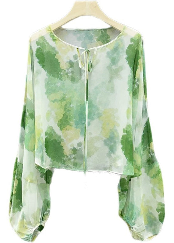 New Green Lace Up Print Chiffon Shirts Long Sleeve