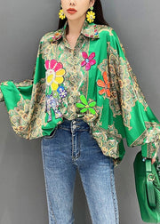 New Green Nail Bead Print Patchwork Silk Shirt Batwing Sleeve