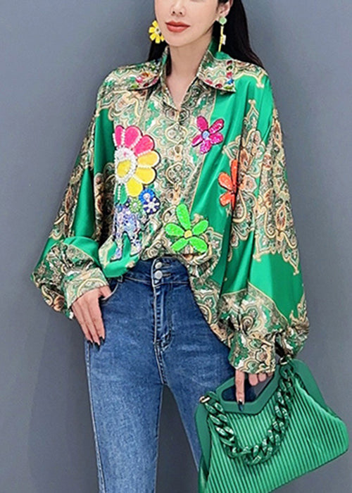 New Green Nail Bead Print Patchwork Silk Shirt Batwing Sleeve