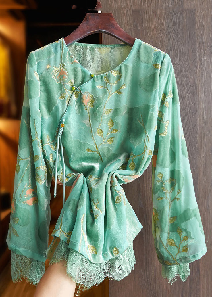 New Green O Neck Button Lace Patchwork Silk Velour Shirt Fall