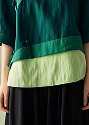 New Green O Neck Button Linen Blouses Half Sleeve