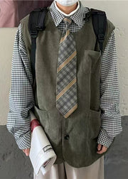 New Green O Neck Button Pockets Corduroy Men Waistcoat Spring