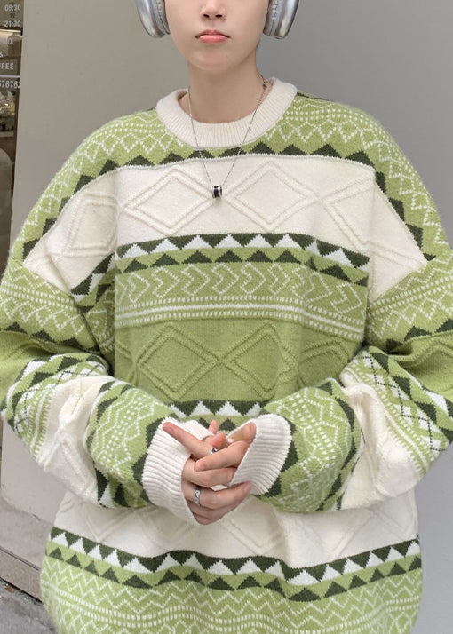 New Green O Neck Cozy Patchwork Knit Men Sweaters Fall