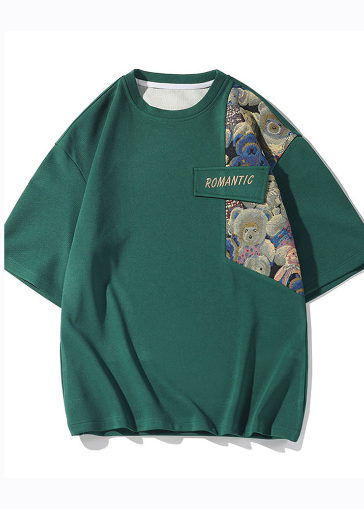 New Green O Neck Patchwork Cotton Mens Graphic T Shirts Summer