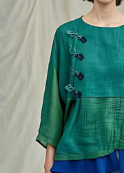 New Green O Neck Patchwork Cotton Tops Bracelet Sleeve