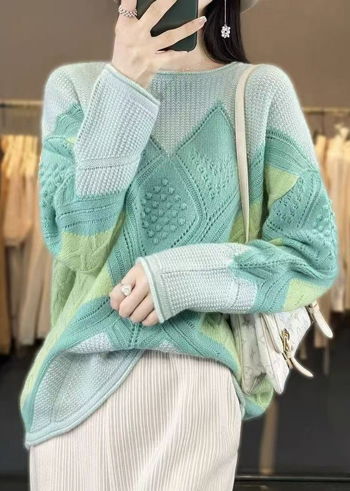 New Green O-Neck Patchwork Woolen Knit Sweater Spring