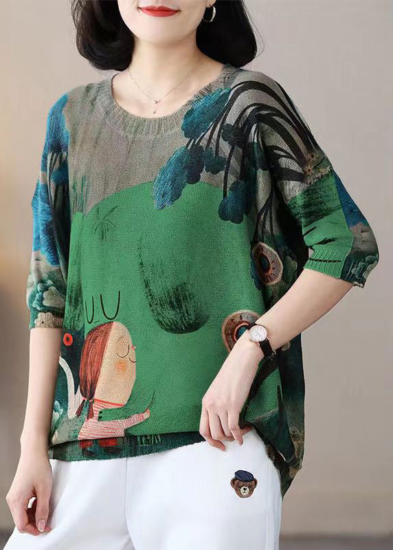 New Green O Neck Print Cotton Knit Top Half Sleeve