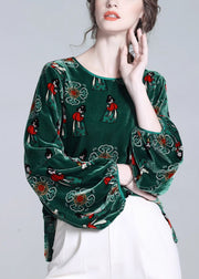 New Green O Neck Print Silk Velour T Shirts Winter