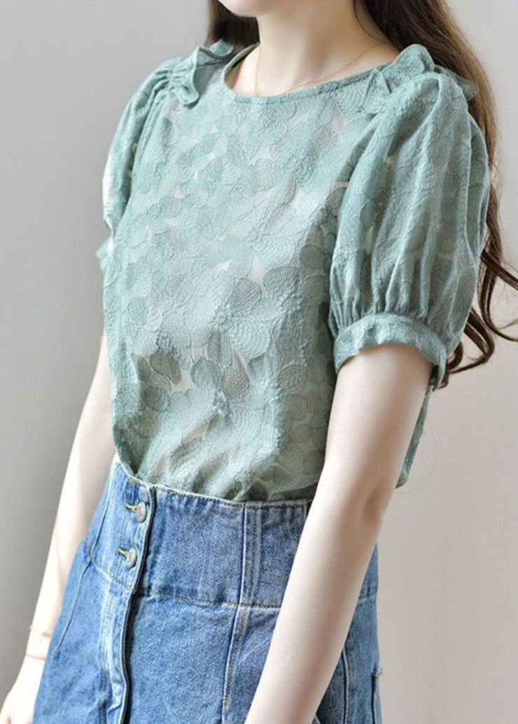 New Green O Neck Ruffled Patchwork Lace Shirt Tops Summer