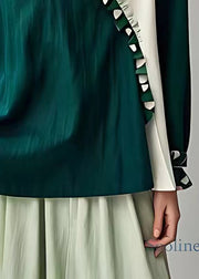 New Green O-Neck Ruffled Patchwork Linen Tops Long Sleeve