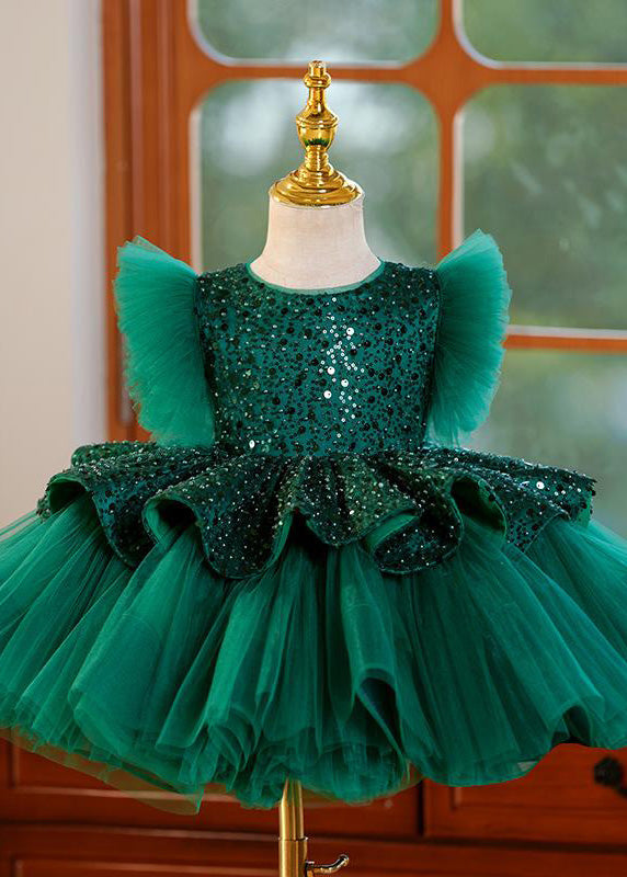 New Green O-Neck Sequins Tulle Kids Maxi Dresses Summer