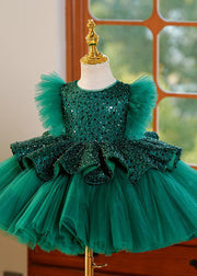 New Green O-Neck Sequins Tulle Kids Maxi Dresses Summer