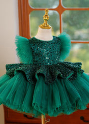 New Green O-Neck Sequins Tulle Kids Maxi Dresses Summer