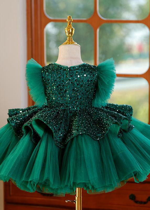 New Green O-Neck Sequins Tulle Kids Maxi Dresses Summer