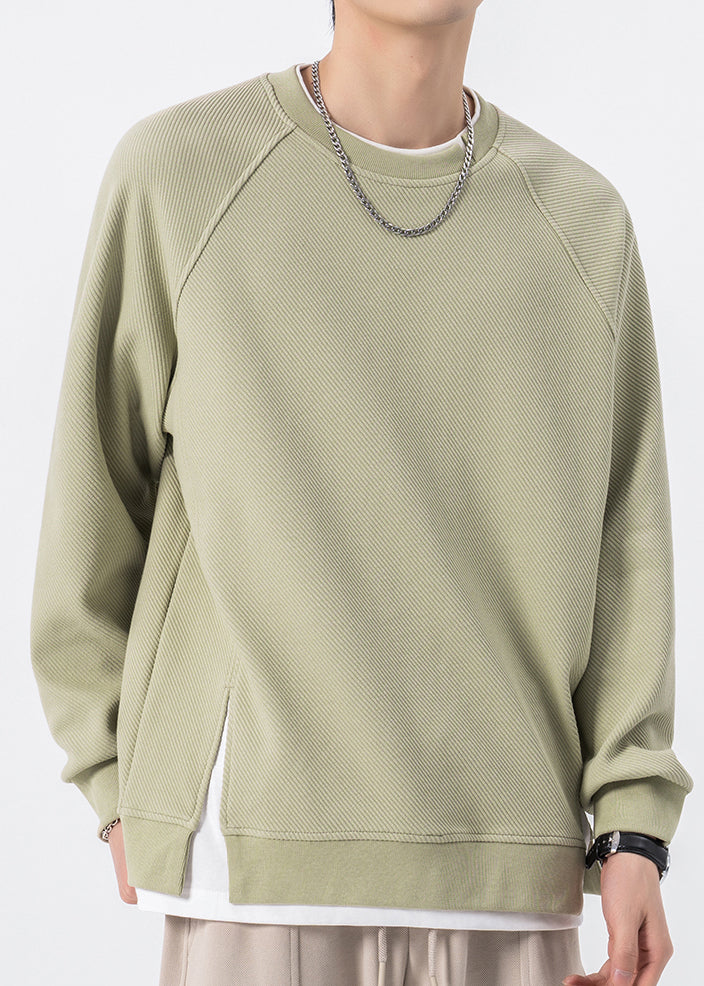 New Green O Neck Solid False Two Pieces Cotton Men Sweatshirt Spring