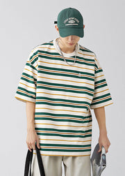 New Green O Neck Striped Cotton Men T Shirt Summer