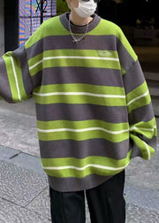 New Green O Neck Striped Knit Mens Sweaters Winter