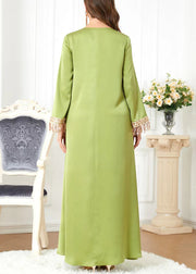 New Green O-Neck Tasseled Cotton Long Dress Spring
