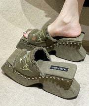 New Green Peep Toe Rivet Cotton Platform Slide Sandals