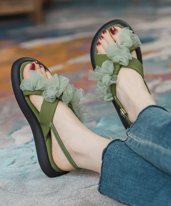 New Green Peep Toe Strap Tulle Splicing Genuine Leather Sandals