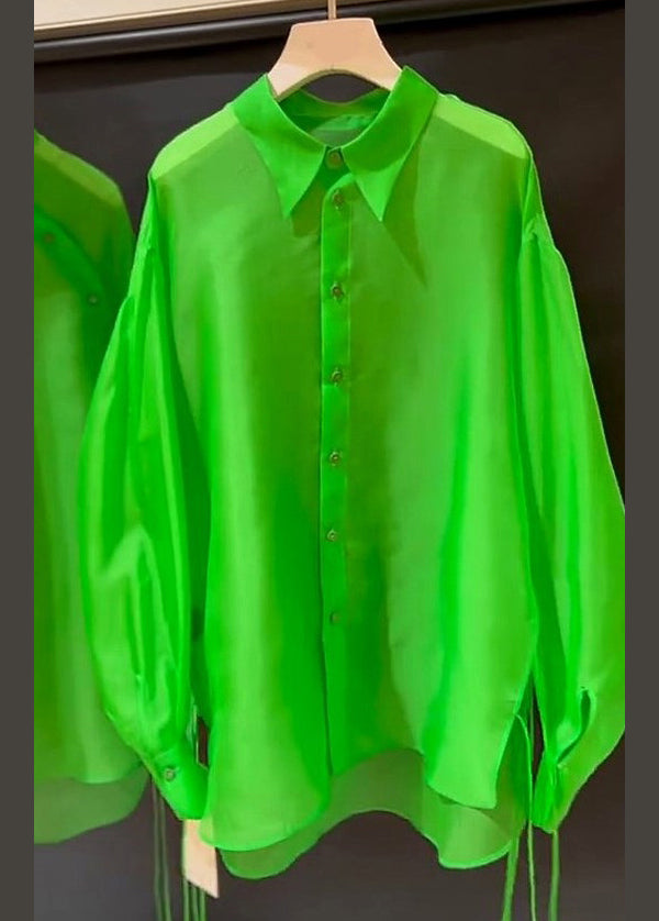 New Green Peter Pan Collar Button Patchwork Silk Shirt Fall