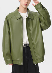 New Green Peter Pan Collar Zippered Faux Leather Men Coat Spring